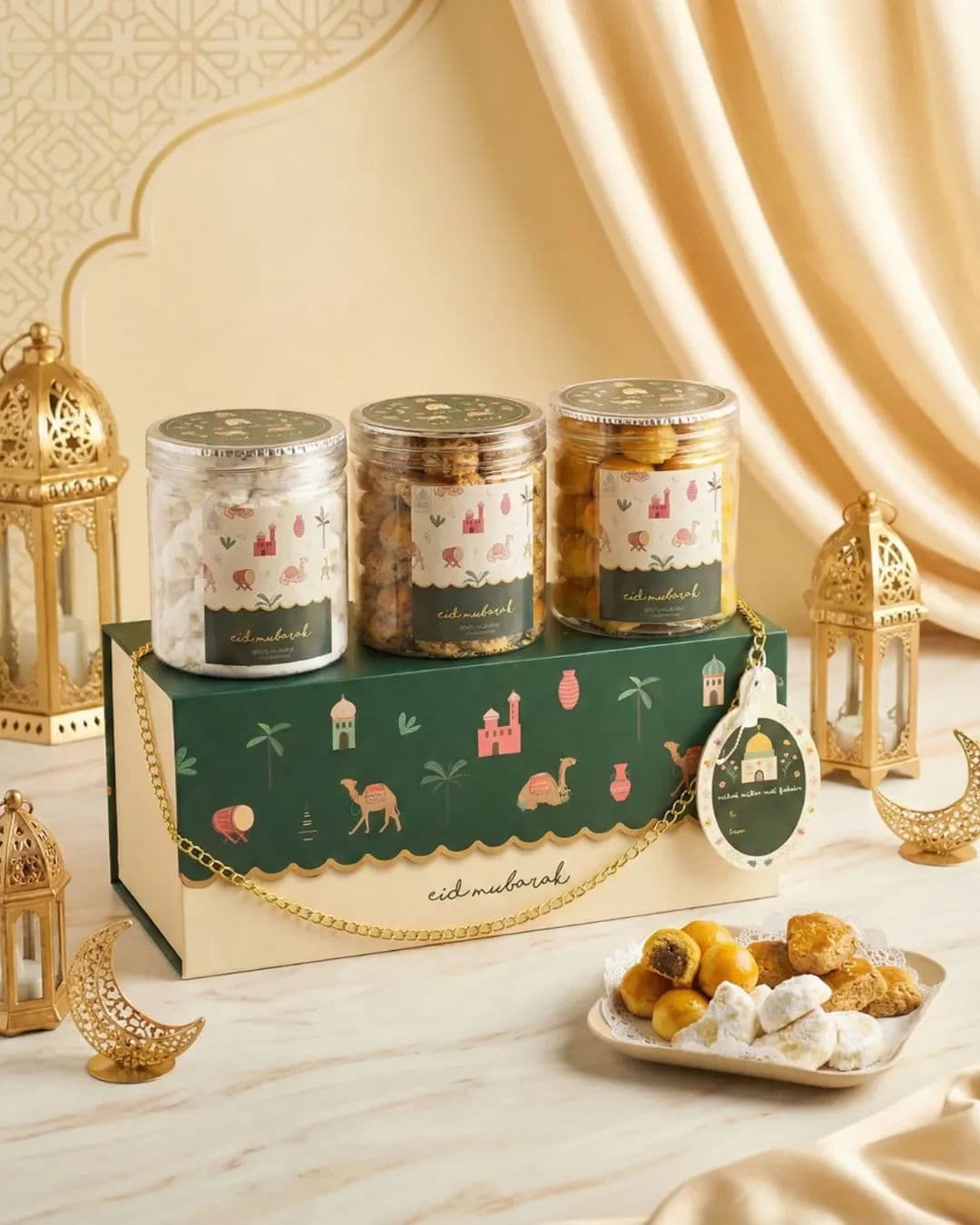 Premium Eid / Idul Fitri Product Photoshoot – Festive Luxury Studio Lighting, Warm Gold & Cream Islamic Aesthetic (4:5) — Business AI art prompt example for Midjourney and Stable Diffusion