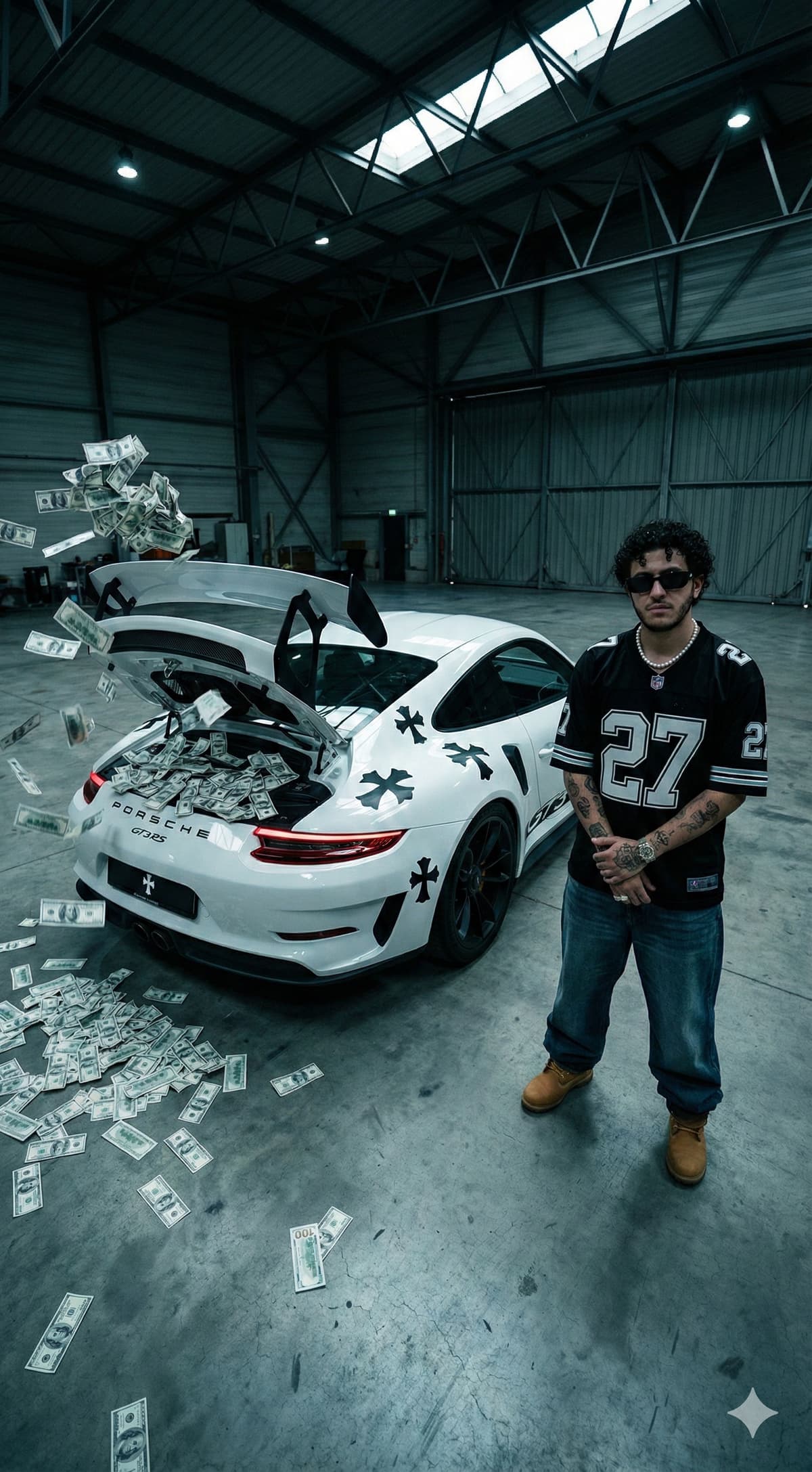 πΈ Porsche GT3 RS & Money Rain: Free AI Prompt β Portrait AI art prompt example for Gemini and Stable Diffusion