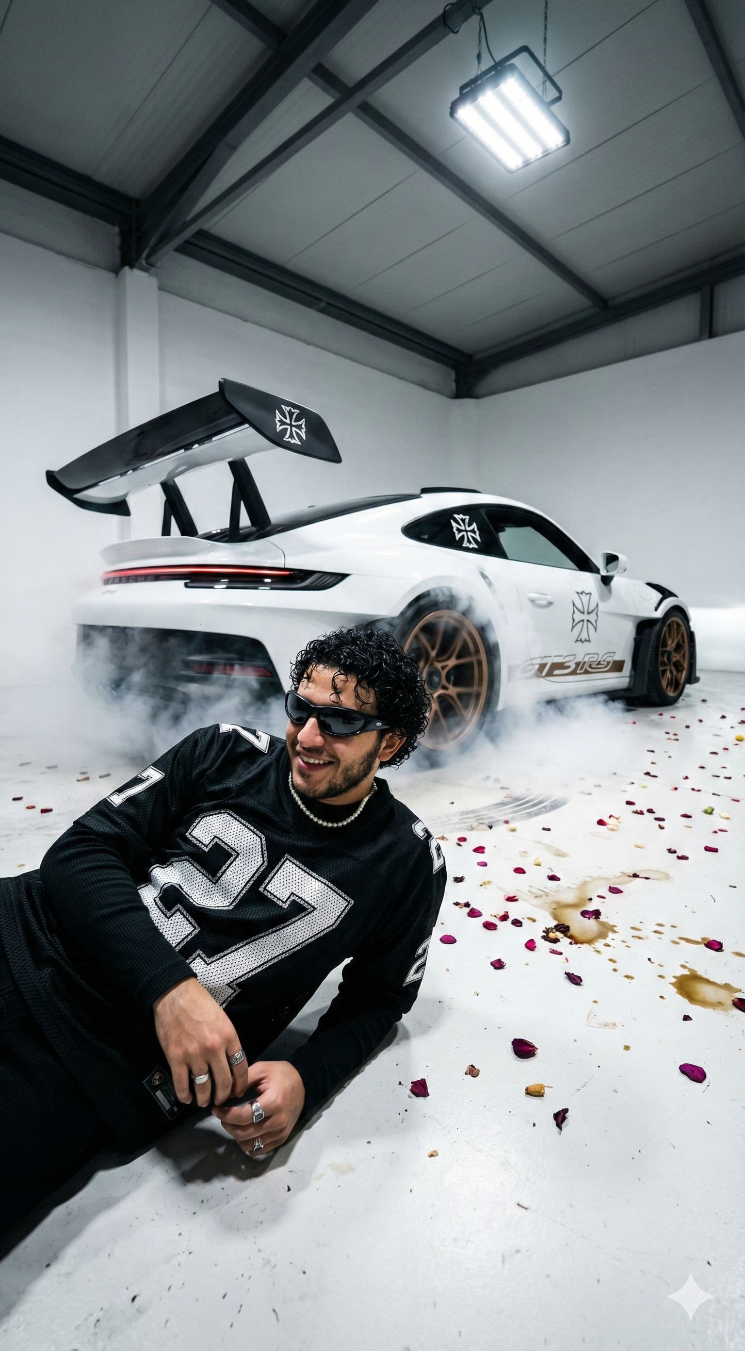 🏎️ Porsche GT3 RS & Burnout Smoke: Free AI Prompt — Portrait AI art prompt example for Midjourney and Stable Diffusion