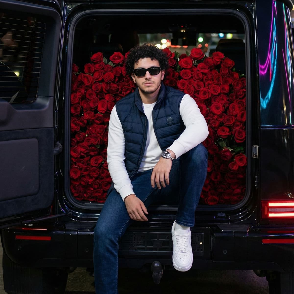 Luxury G-Wagon & Red Roses Portrait 🌹 — Portrait AI art prompt example for Gemini and Stable Diffusion