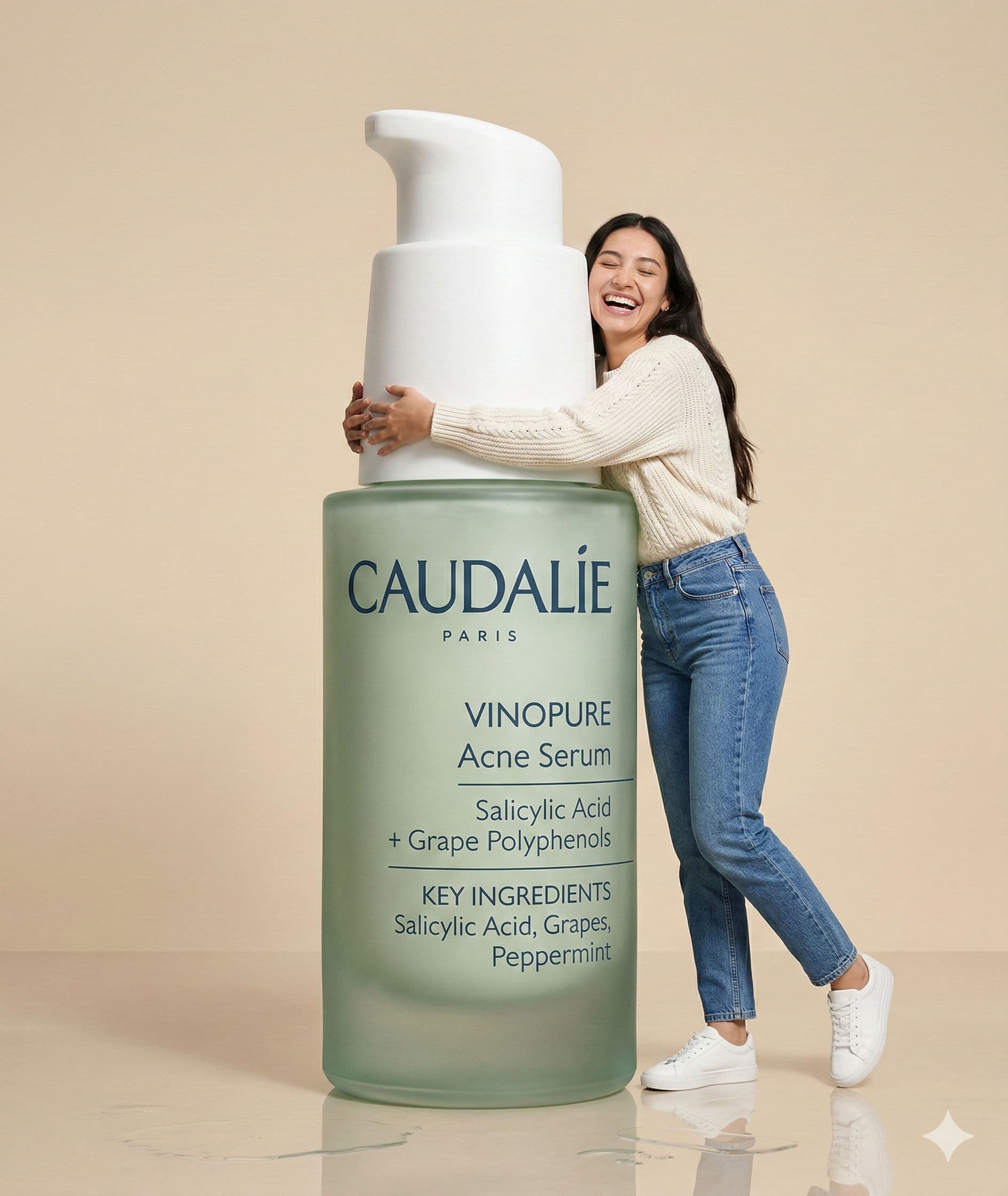 Ultra-Realistic Skincare Studio Ad: Woman Hugging Oversized Caudalie Vinopure Serum - Free Prompts — Business AI art prompt example for Midjourney and Stable Diffusion