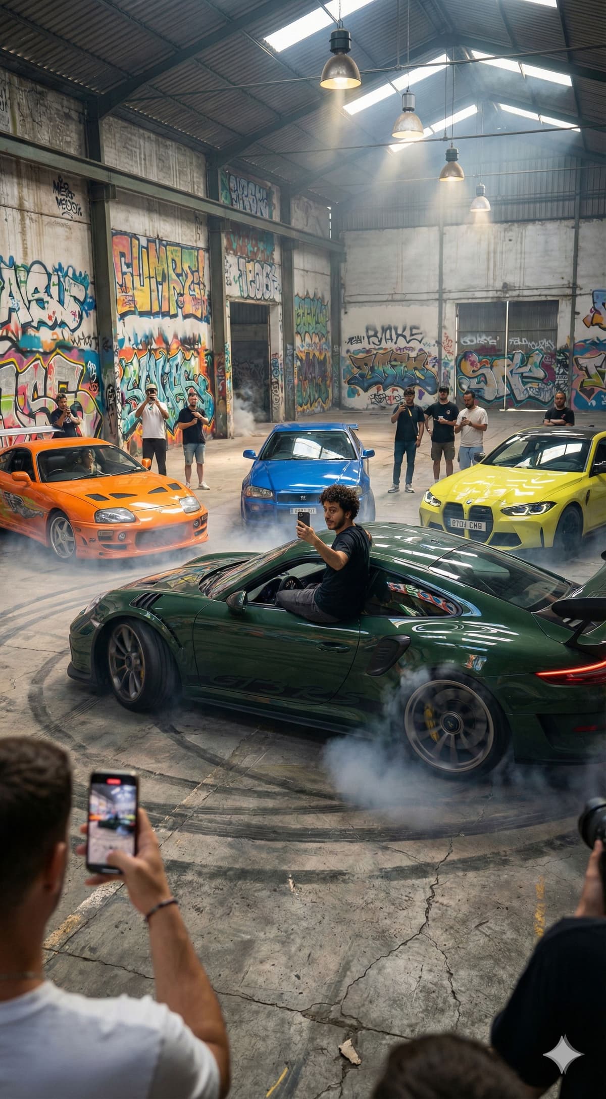 Free Prompt: Warehouse Car Meet & Burnout — Portrait AI art prompt example for Gemini and Stable Diffusion