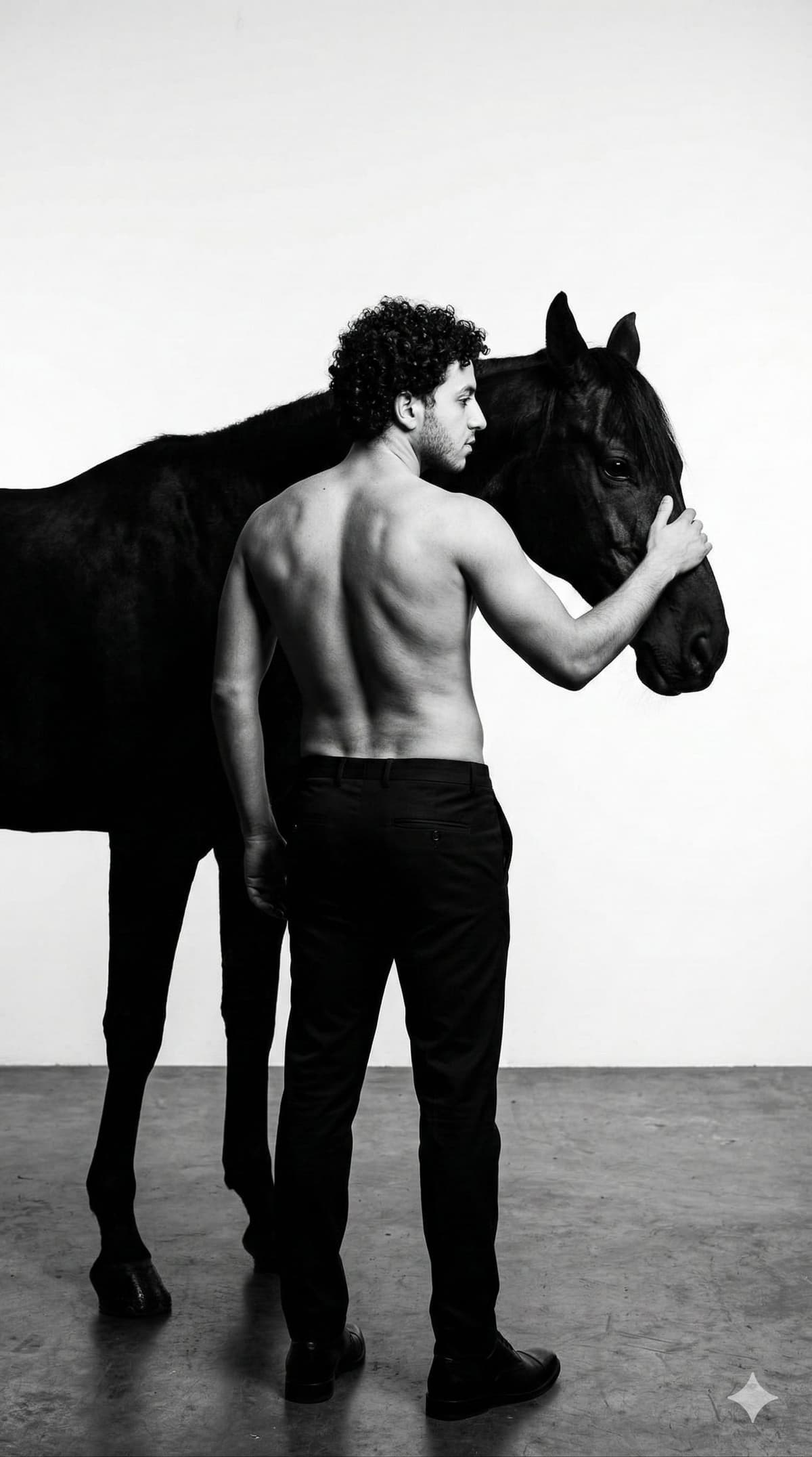 Free Prompt for Ultra-Realistic Black & White Equestrian Studio Editorial Portrait — Portrait AI art prompt example for Gemini and Stable Diffusion