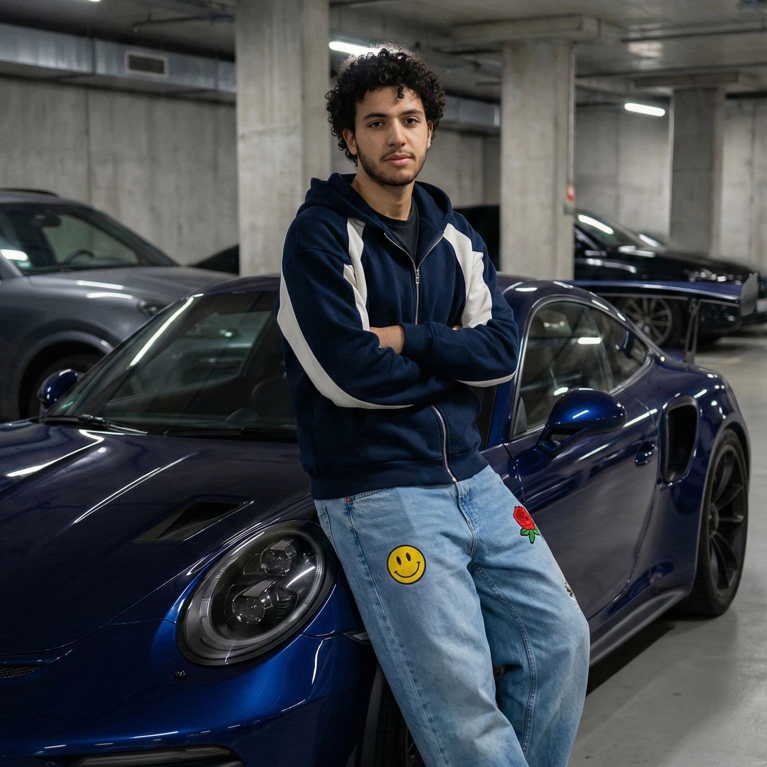 Garage Goals: Porsche GT3 RS & Custom Streetwear Fit — Portrait AI art prompt example for Midjourney and Stable Diffusion