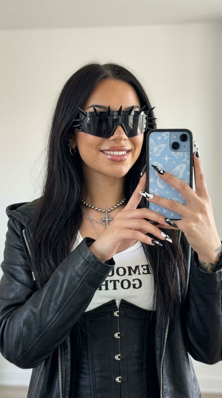 Free Prompt for Edgy Fashion Selfie with Spiked Visor Sunglasses 📱✨ — Portrait AI art prompt example for Gemini and Stable Diffusion