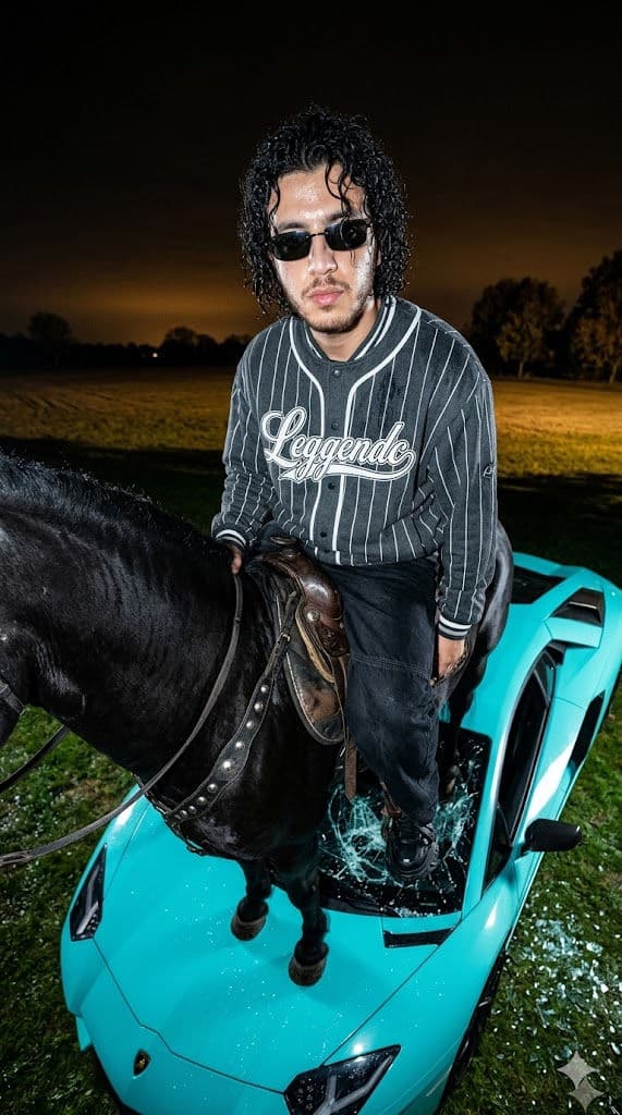 Black Wet Curly Hair – Man in Baseball Jacket with Leggendc Logo Riding Horse on Lamborghini Aventador, Night Fashion Photography — Portrait AI art prompt example for Gemini and Stable Diffusion