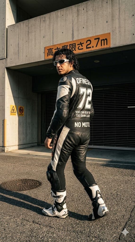 Futuristic Biker Walking in Urban Parking Garage 🏍️📸 — Portrait AI art prompt example for Gemini and Stable Diffusion