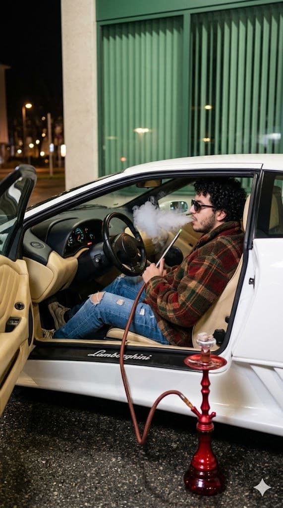 Hyperrealistic Lamborghini Diablo Night Scene – Man Smoking Hookah in Luxury Car Cinematic Photo Prompt — Portrait AI art prompt example for Gemini and Stable Diffusion