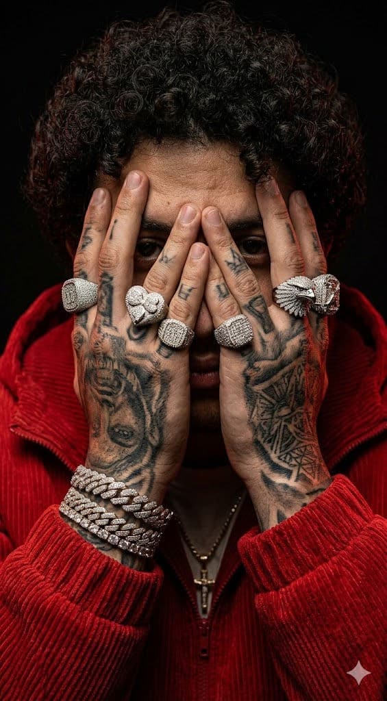 Luxury Chiaroscuro Portrait of a Tattooed Man in Emotional Despair with Diamond Rings (Close-Up Editorial) - Free Prompt — Portrait AI art prompt example for Gemini and Stable Diffusion