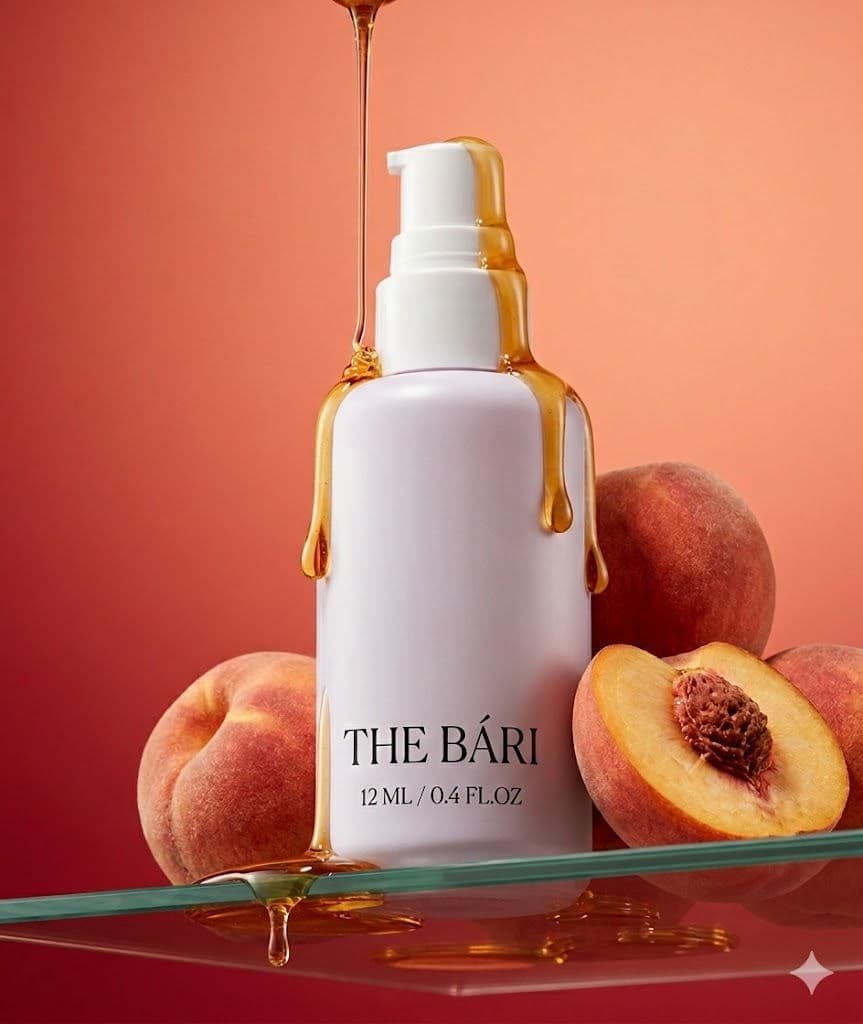 Luxury Honey Peach Cosmetic Bottle Editorial – Extreme Low-Angle Studio Product Photography with Glass Shelf & Dripping Honey — Business AI art prompt example for Gemini and Stable Diffusion