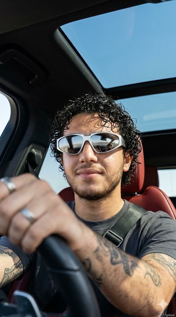 Ultra-Realistic Low-Angle Portrait in Luxury Car – Bearded Man with Futuristic Visor Sunglasses AI Photo Prompt — Portrait AI art prompt example for Gemini and Stable Diffusion