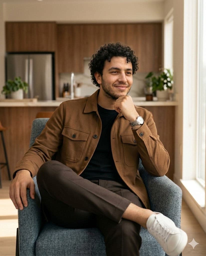 Modern Lifestyle Male Portrait in Luxury Home Interior – Natural Light Editorial Photography (4:5) – Free Prompt — Portrait AI art prompt example for Midjourney and Stable Diffusion