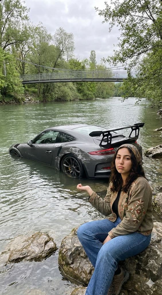 π Totaled GT3 RS in a River?! Free AI Prompt β Portrait AI art prompt example for Midjourney and Stable Diffusion